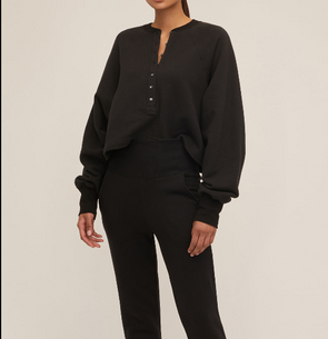 ANJRA™-SO UPTIGHT FRENCH TERRY PLUNGE HENLEY SWEATSHIRT IN BLACK